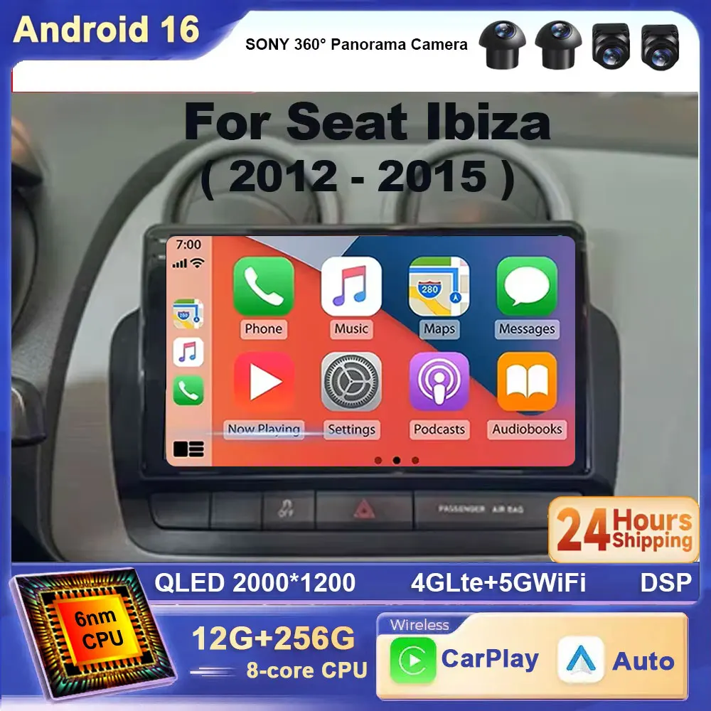 Für Seat Ibiza 2012 - 2015 2K QLED Android 16 Autoradio Multimedia-Videoplayer GPS 4G CarPlay Auto Kabelloses Stereo Ohne 2Din