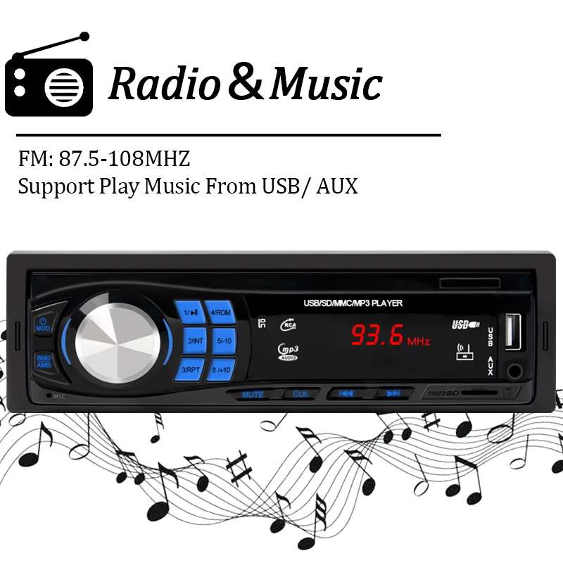 HIPPCRON Car Radio 1din Audio Bluetooth Stereo MP3 Player FM Receiver 60W With Colorful Lights AUX USB TF Card In Dash Kit  ISO