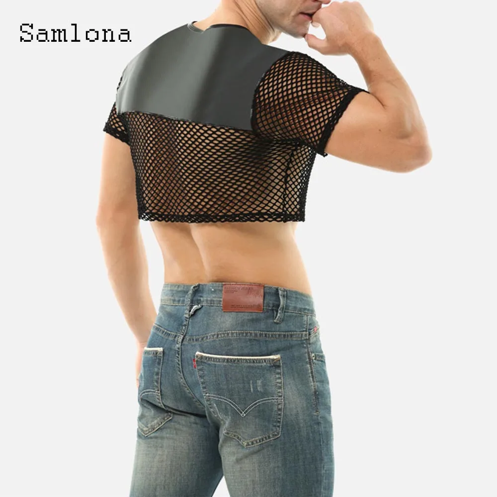 Men Fashion Rock Style Guaze PU Leather Tank Tops New Sexy Mesh Night Club Dance Vest Men's Matte Faux Leather Crop Top Black