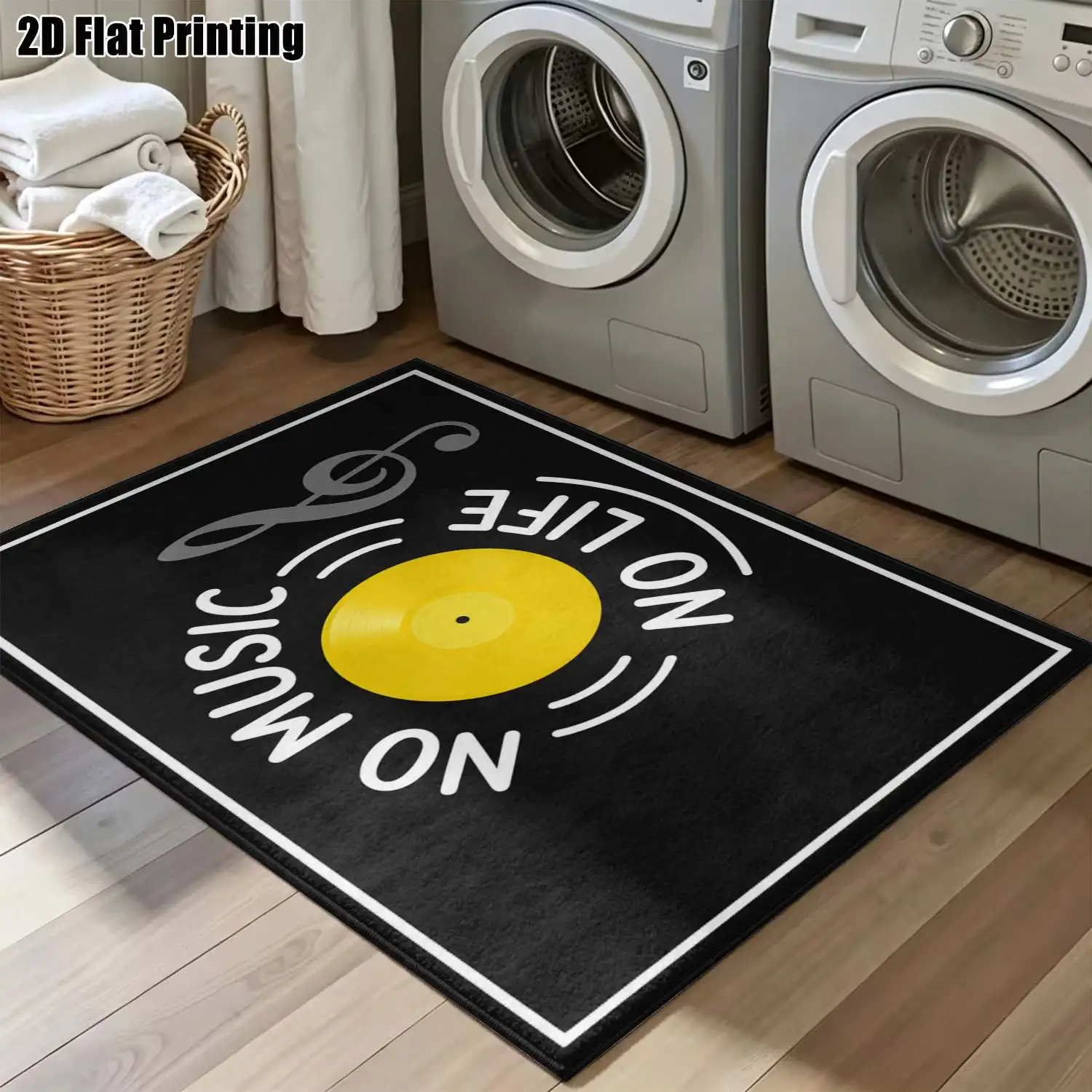 1Pc 2D Printed Carpet: Yellow-Black Retro Record Decor, Instagram-Style, Machine Washable, Multi-Size, Ideal for Home Decor, Door Mats & Room Rugs