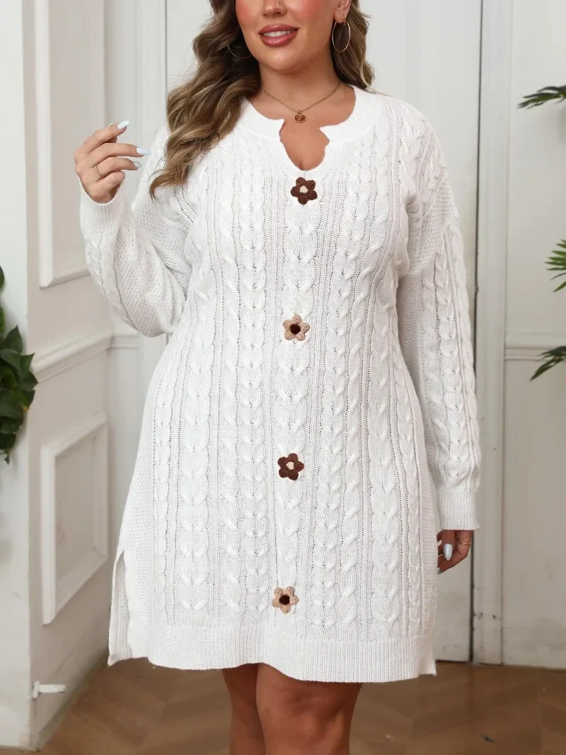 

GUWU Plus Size Women's V-neck Fried Dough Twists Knitted Woven Sweater Dress Solid Hand Crochet Stitching Autumn Winter Dress