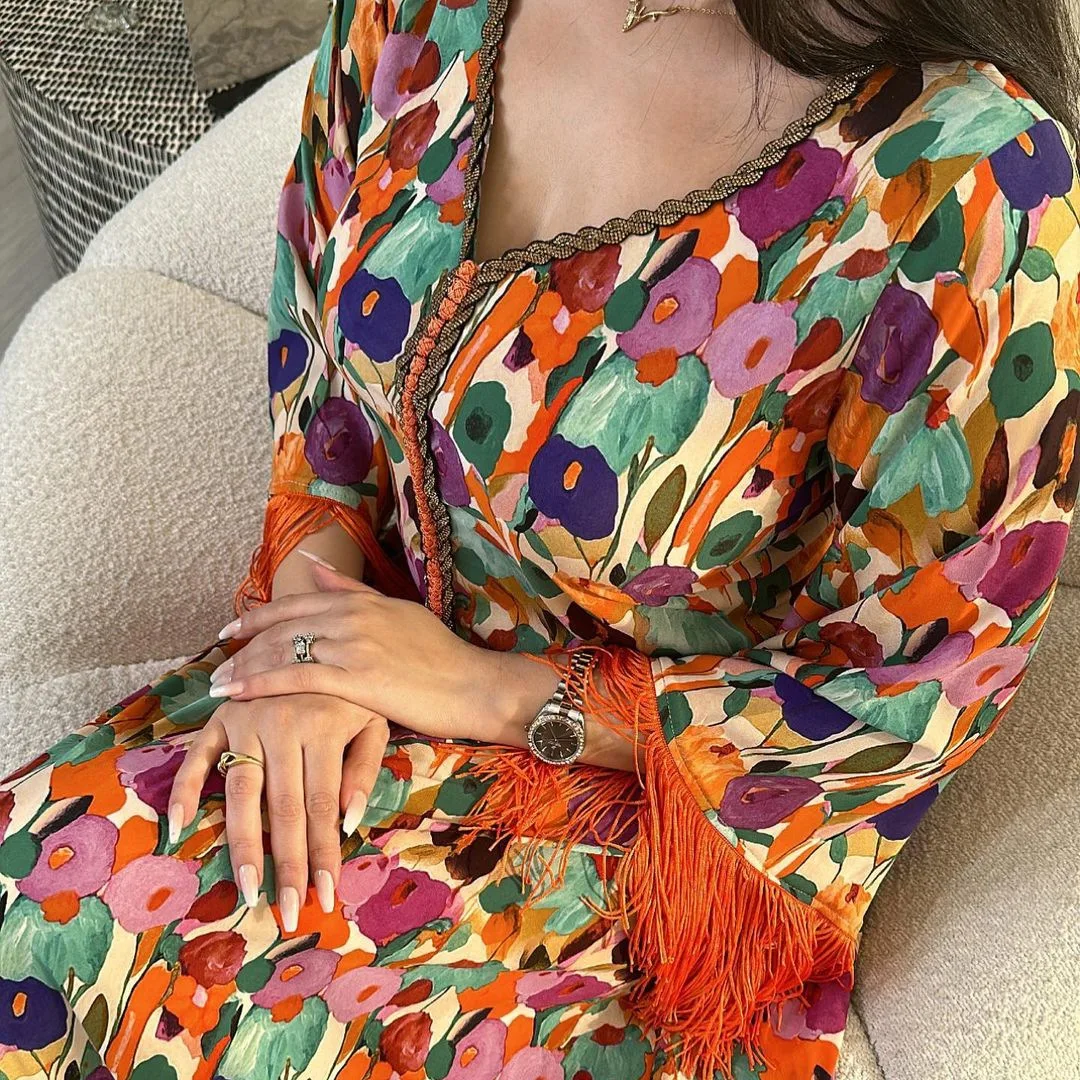 Eid Party Dresses for Elegant Women Muslim Tassel Print Ramadan Kaftan Turkey Arabic Casual Robe Dubai Islamic Morocco Jalabiya