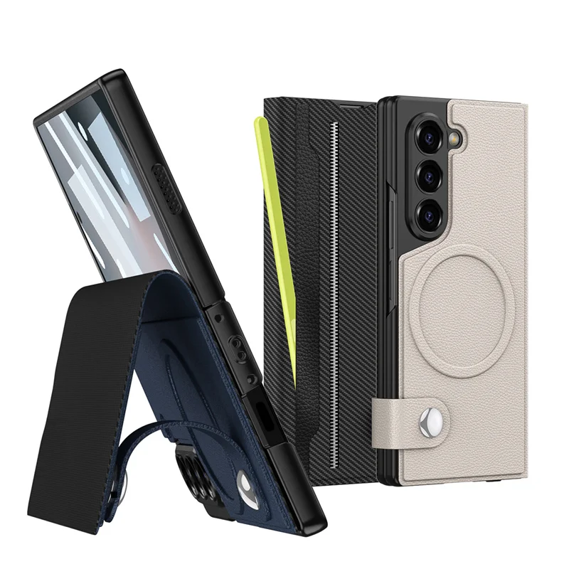 For Samsung Galaxy Z Fold 6 Leather Magnetic Card Slot Phone Case For Galaxy Z Fold6 Screen Glass Protective Bracket Pen Cover