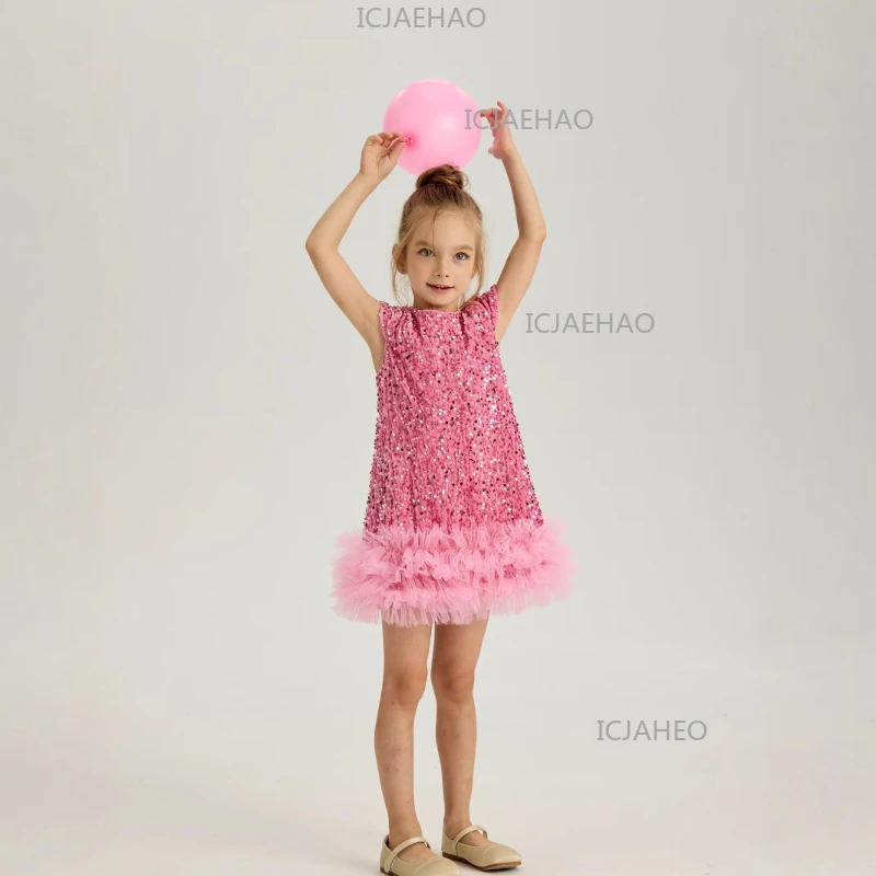 2026 Girls Sequin Princess Dress Birthday Party Host Performance Kids Formal Pageant Gown Outfit Wedding Flower Girl Clothes
