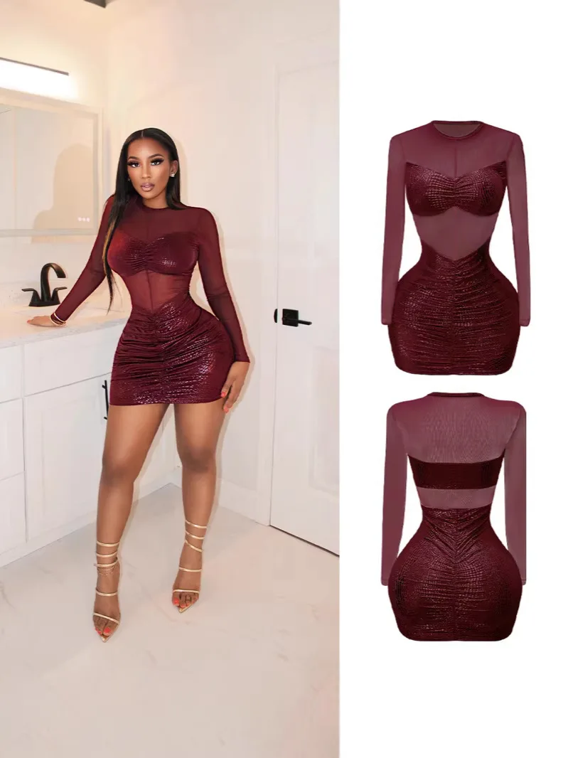 

SKMY Red Dress Sexy Mesh See Through Long Sleeved Patchwork Bodycon Evening Dress Women Clothing 2026 Summer New Arrivals