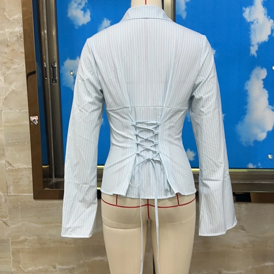 

Classic Women Slim Fit Striped Shirt Long Sleeve Shirt Button-down Tie-up Elegant Blouse Fall Tops
