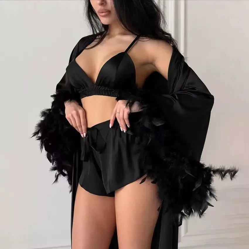 Champagne Powder Feather Long Robe Wedding Luxury Bridal Party Loungewear Bridesmaid Silk Robes Bridal Party Bride Gift