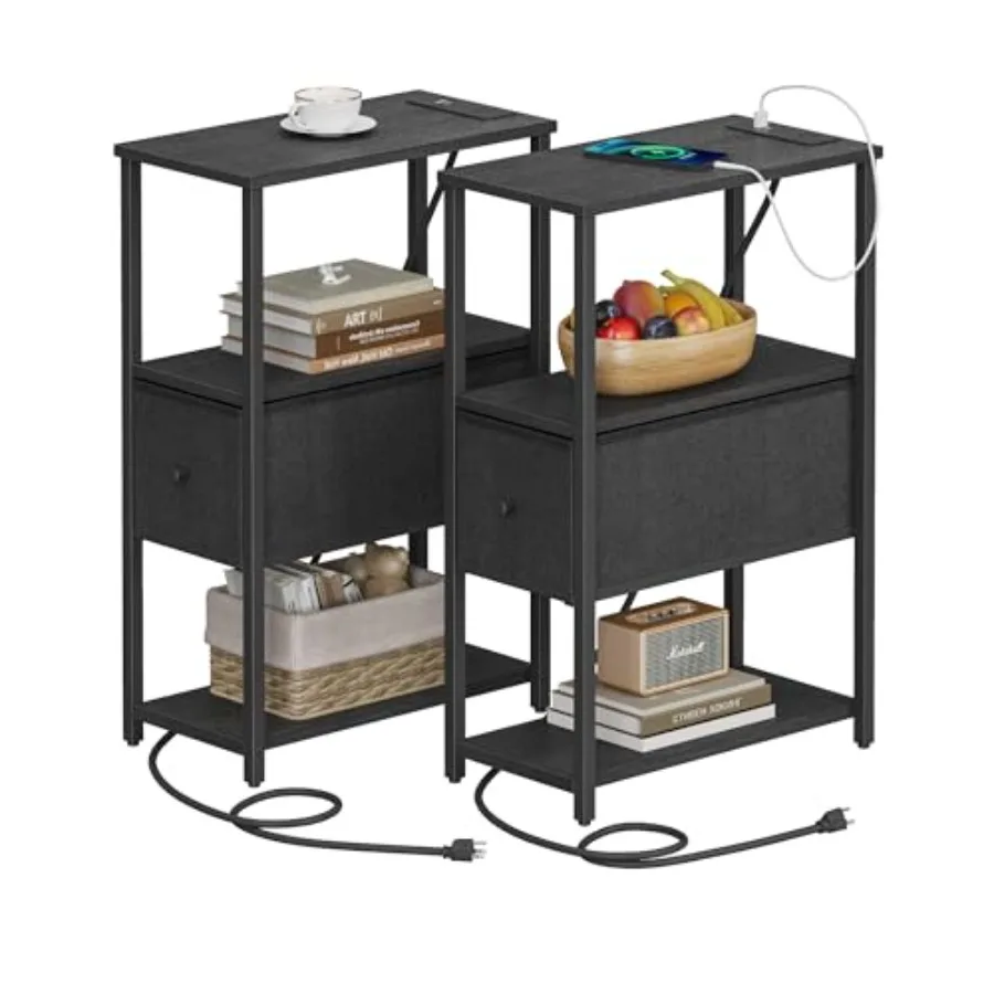 

Маленький узкий приставной столик с зарядной станцией, комплект из 2-х столиков с розетками, прикроватная тумбочка с тканевым ящиком, придиванный столик для гостиной