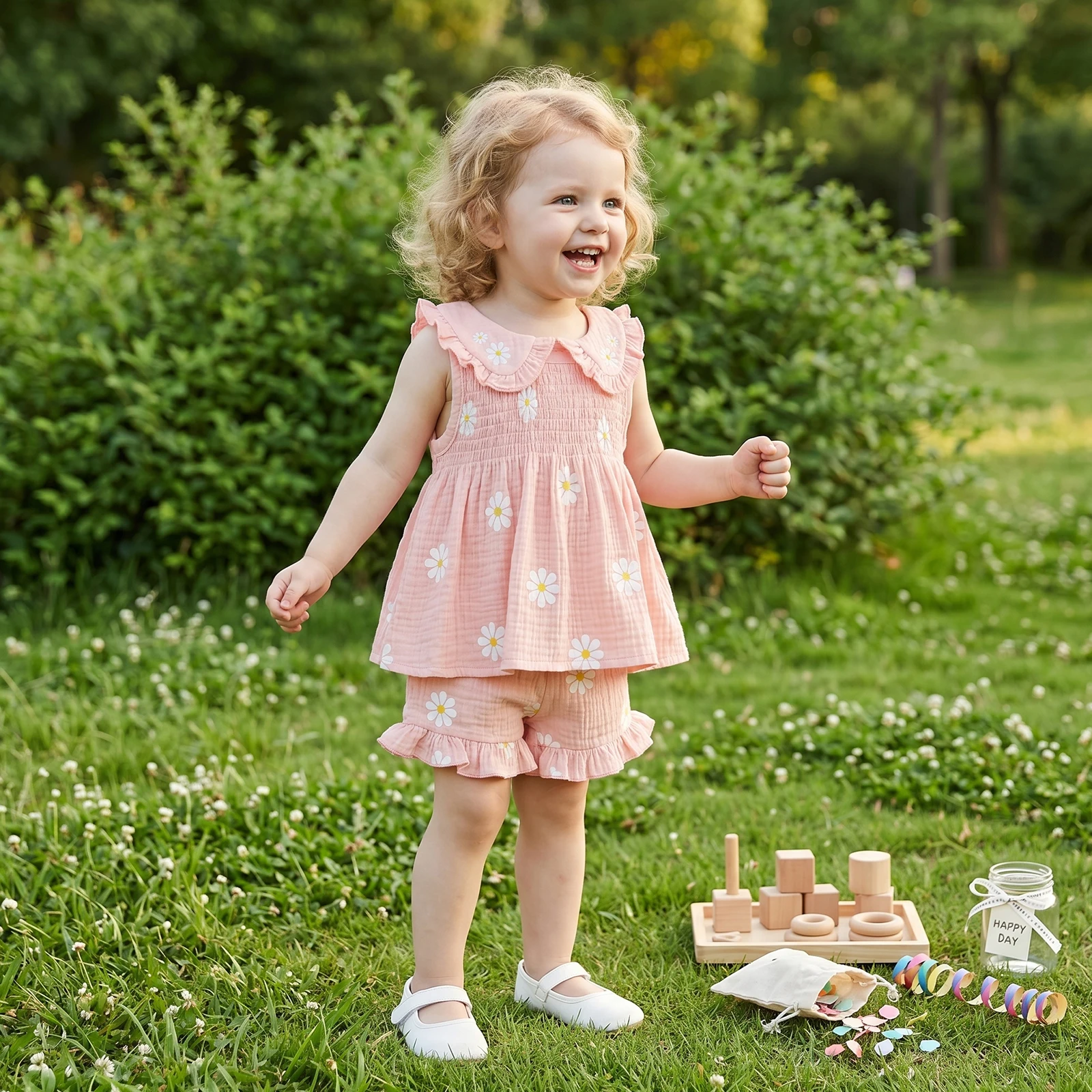 0-4Y Toddler Baby Girl Summer Outfit Casual Daisy Print Smocked Doll Collar Sleeveless Tops Shorts 2 Pcs Children's Set