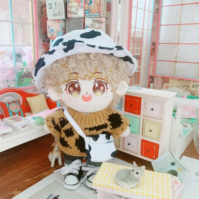 

20cm Kawaii Idol Doll Clothes Cute Cartoon Cow Milk Hat Bag Sweater Shoes Set Plush Doll Clothes Accessories Toys Gifts
