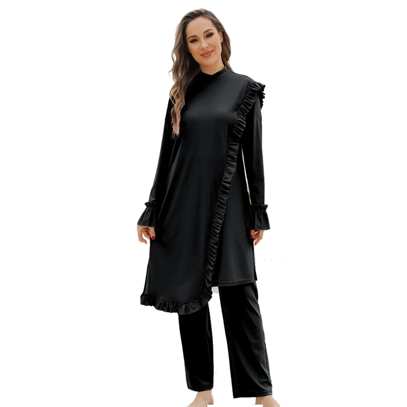 3PCS Muslim Islamic Long Sleeve Swimming Suit Modest Swimwear Women Swimsuit Full Cover Burkini Ruffles Bathing Beachwear Set