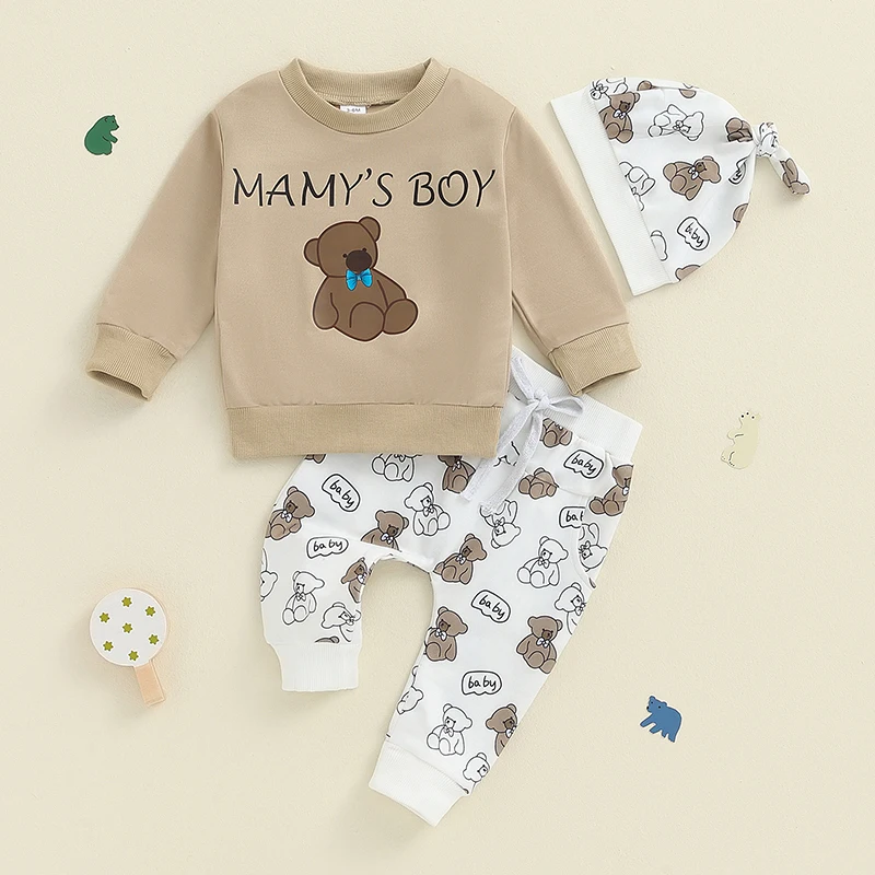 

SUNSIOM Toddler Boys Fall Outfits Letter Bear Print Long Sleeve Sweatshirts Long Pants Hat 3Pcs Fall Clothes Set