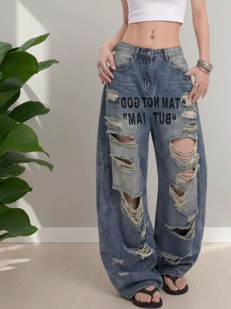 

American Retro Hole Letter Print Jeans Women High Waist Slim Wide Leg Floor Length Pants Summer New Style Casual Loose Fit