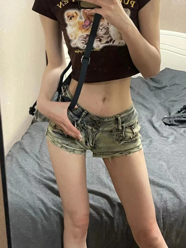 Szorty Damskie Y2k Punk Styl Amerykański Sexy Nit Vintage Denim Moda Gotyk Klub Odzież Kieszenie Niska Talia Retro Lato Estetyka