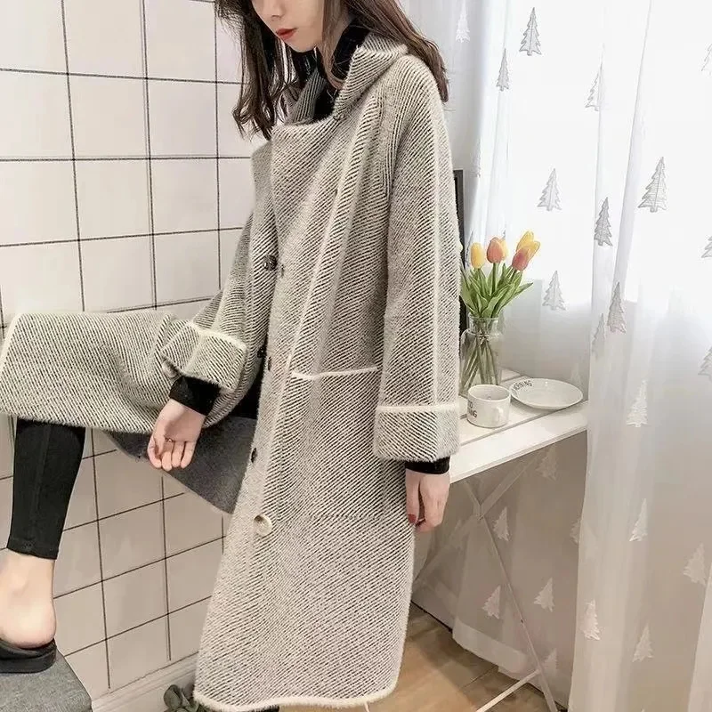 Korean Women Long Sleeves Mink Fur Sweaters Coat Ladies Medium Long Styles Knitted Top Autumn Winter Female Loose Knit Cardigan