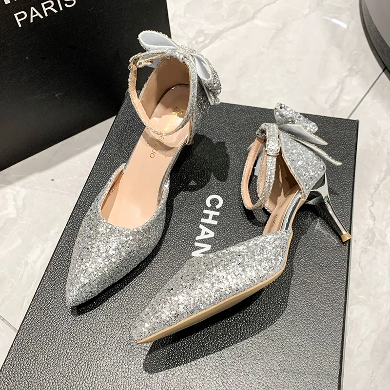 New Sexy Crystal Thin with Sequin Wedding Shoes Feminine Bow Two Wear Not Tired Feet Silver High Heels