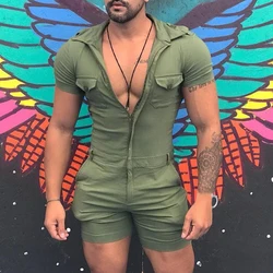 Vintage Zip-up Slim Mens Jumpsuits Summer Sexy Skinny Tight Playsuits Men Streetwear Trendy Solid Color Shorts Romper Overalls