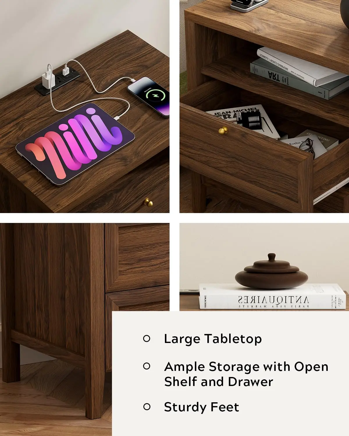 Farmhouse End Table 2 Drawers Set 2, Wooden Nightstand Open Storage Cable Hole Bedside Table Bedroom Living Room, Customized