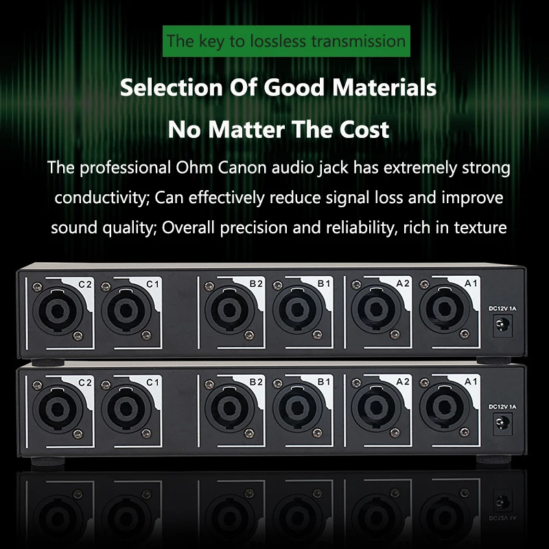 High Power Amplifier Speaker Switcher 1-in-2 or 2-in 1-Out Remote Control + Buttons Dual Operation Mode XLR Audio Switcher