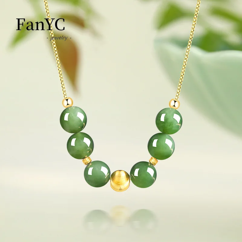 

Natural Hotan Jade Spinach Green Jadeite Round Bead Collarbone Necklace S925 Silver Luxury Exquisite Jade Pendant Women's Gift