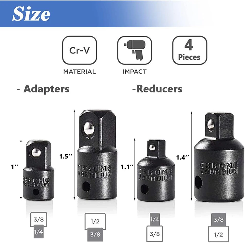 4 Stuks Socket Converter Adapter Reducer Set 1/2 Tot 3/8 3/8 Tot 1/4 3/4 Tot 1/2 Impact Drive Socket Adapter reparatie Tools