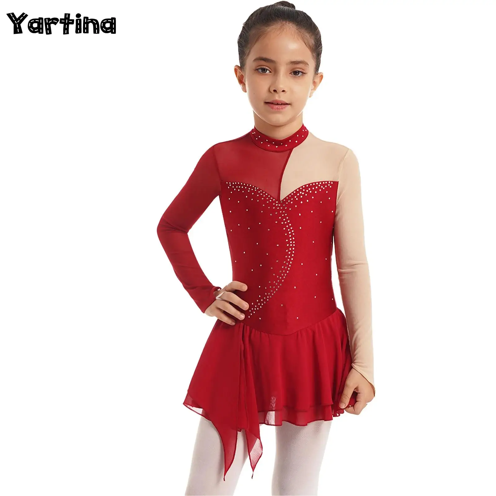 

Girls Gymnastics Ballet Lyrical Dance Dress Long Sleeve Round Collar Hollow Back Rhinestone Figure Ice Skating Leotards Dress