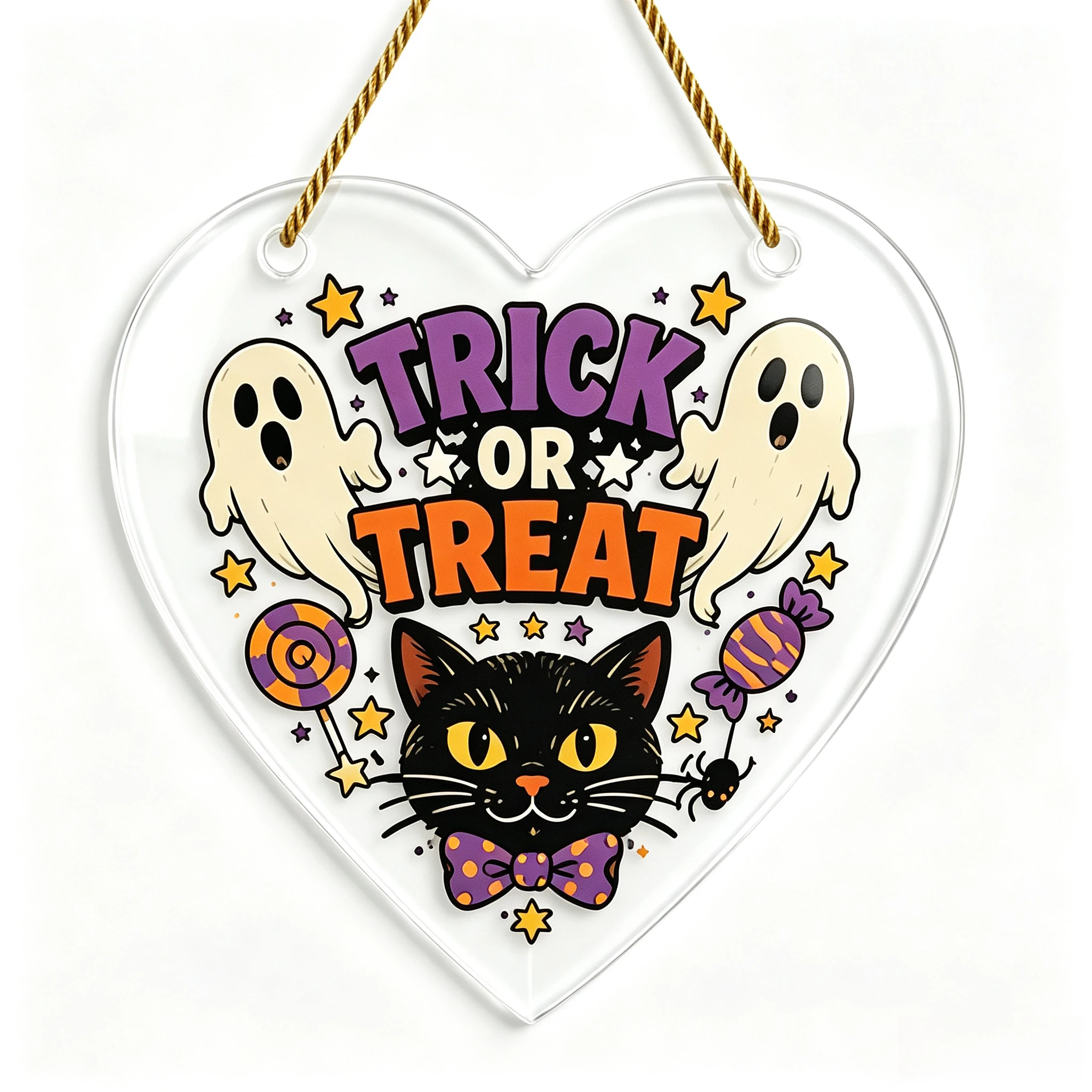 Retro Cartoon Black Cat Ghost Heart‑Shaped Acrylic Hanging Sign, Spooky‑Cute Fall Home Ornament,Halloween Wall Decor