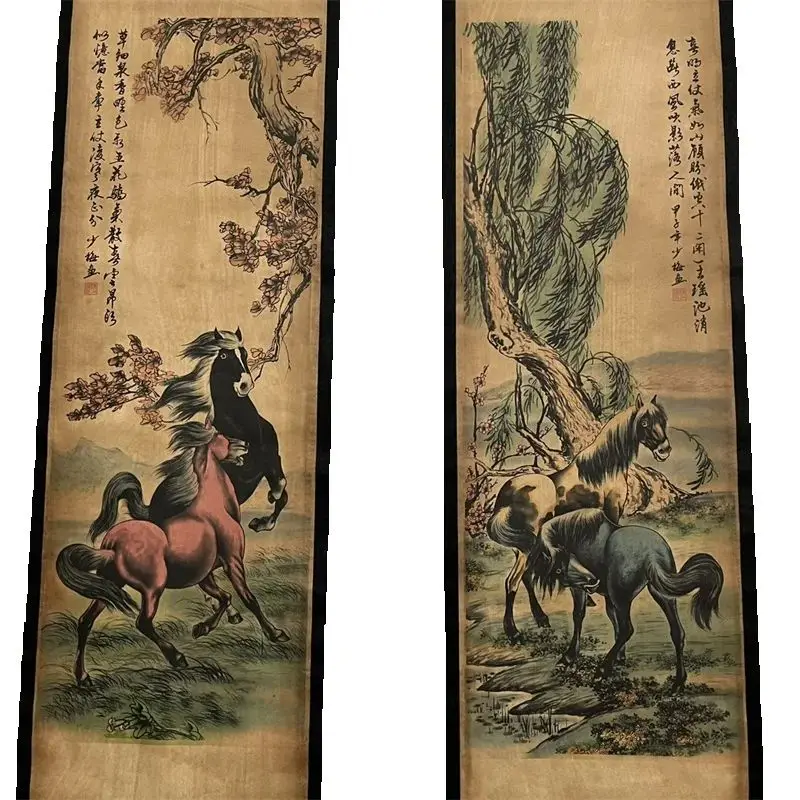 

China old Celebrity Chen Shaomei's Eight Horses Diagram Painting - Traditional Four Screen Scroll Decorative Artwork for Home
