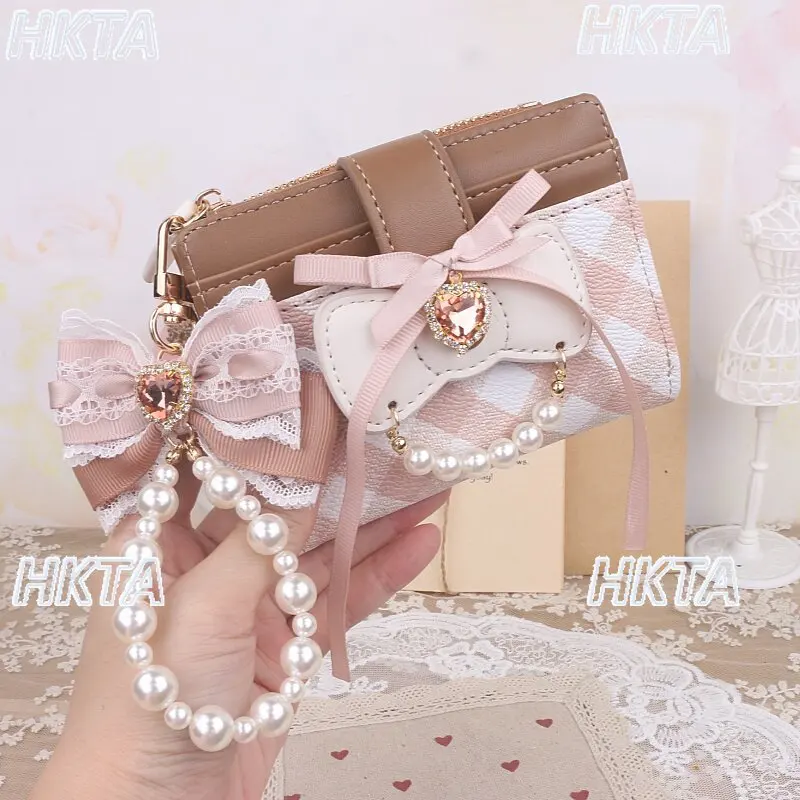 Japanese 2026 New Sweet Cute Lace Bow Rhinestone Pearl Pendant Versatile Bag Jewelry Lolita Wallet Folding Pu Wallet Women