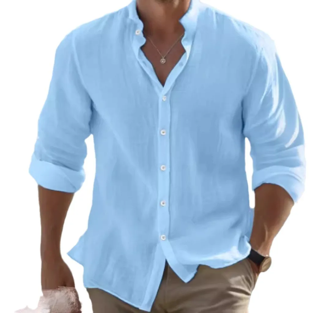 Long Sleeve Blouse Casual Loose Fit Light Mature Casual with Pullover Stand Collar Stand Collar Long Sleeve Shirt Men Shirts