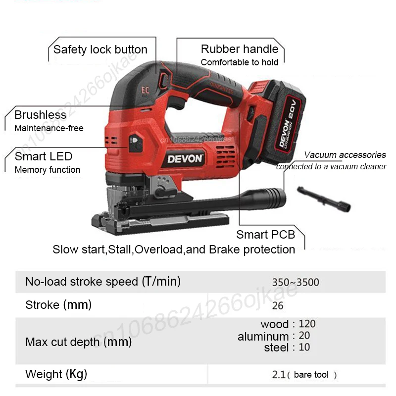 Devon Rechargeable Cordless Jig Saw Brushless 5831 20v Stroke 26mm 800/3500T/min Cutting Adjustable Angle Universal Flex Battery