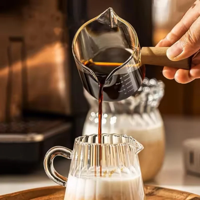 Glass Coffee Measuring Cup with Wood Handle, Espresso Shot Pitcher, Clear Graduated Milk Jug for Coffee Making