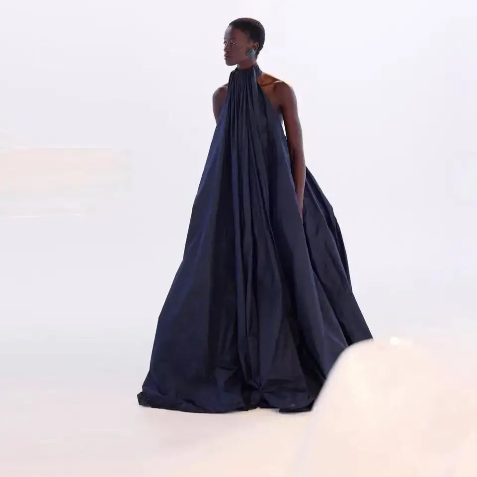 

Modest Dark Navy Blue Taffeta Loose Robe Halter A-line Long Women Formal Party Dresses Female Maxi Dress