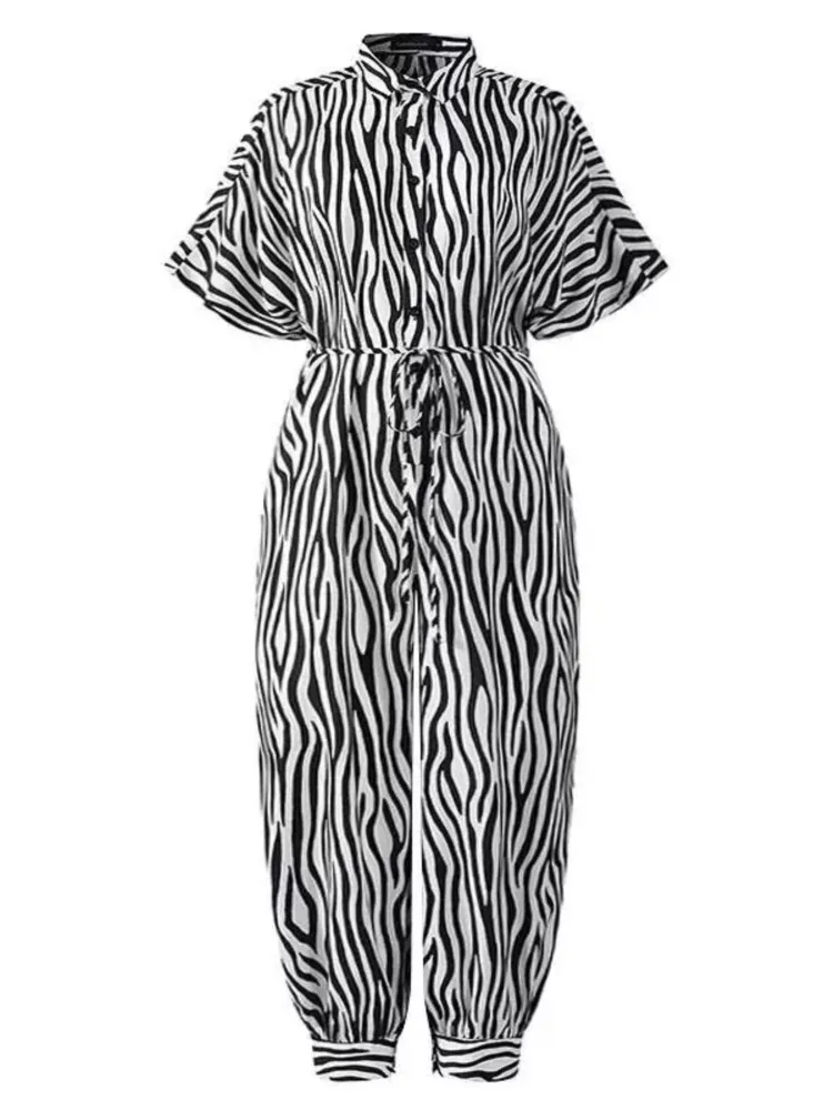 Zomer Nieuwe Dot Luipaardprint Jumpsuit Vrouwen Korte Mouw Leace-up Pocket Casual Jumpsuits Mode Vintage Dames Body