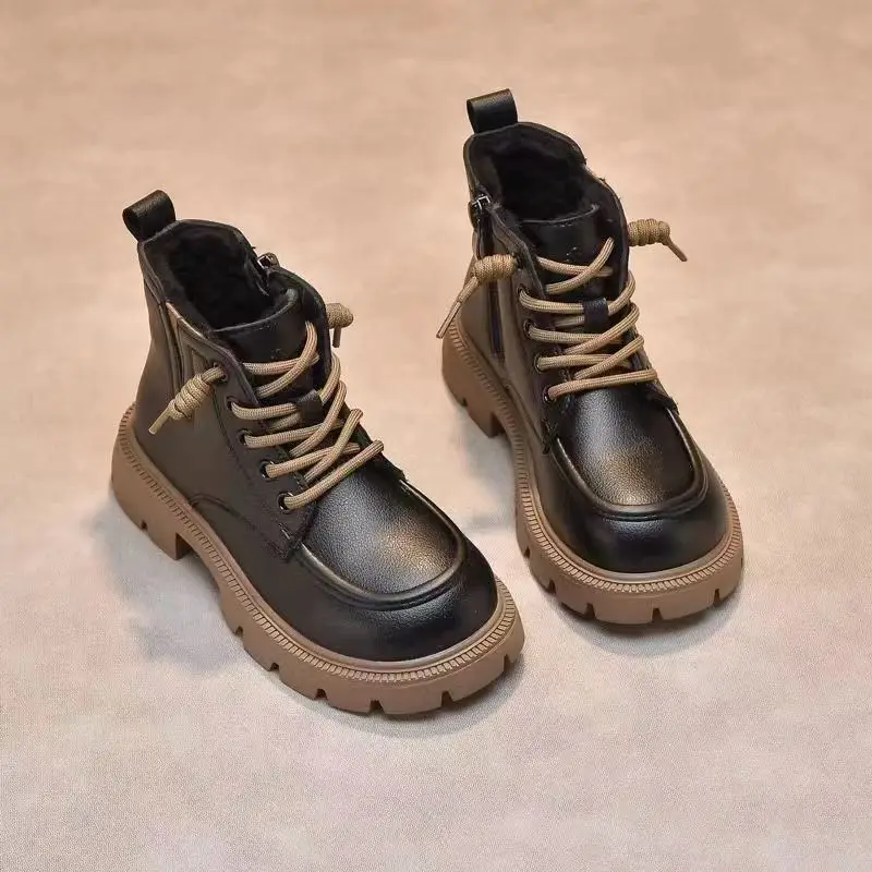 

Kids Genuine Leather Boots for Girls Boys Warm Fleece Lined Short Boots Autumn Winter Fashion Footwear Maillard Tone