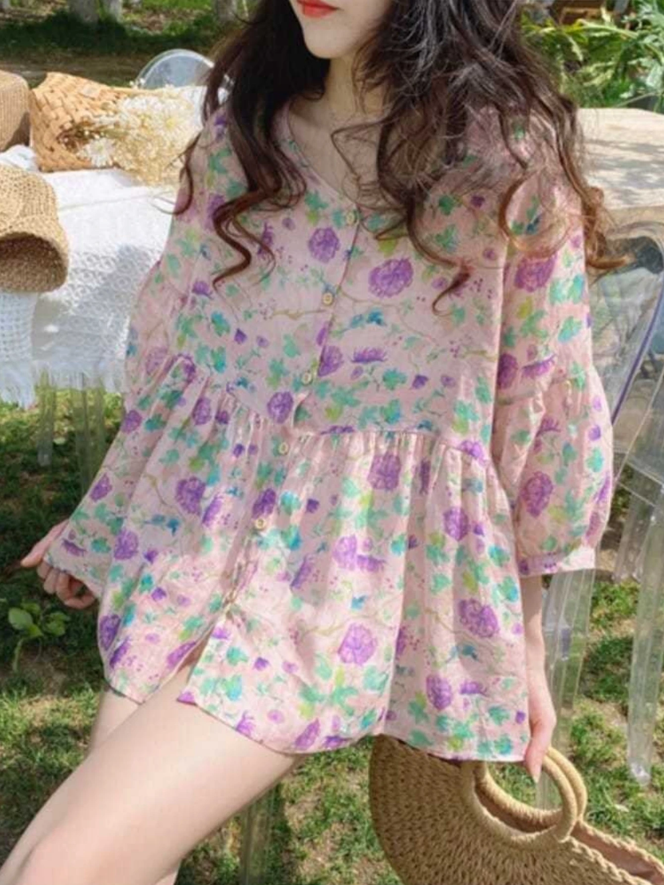 Women Floral Print Peplum Blouse V Neck 3/4 Ruffle Sleeve Button Down Loose Cotton Linen Sweet Casual Summer Ladies Babydoll Top