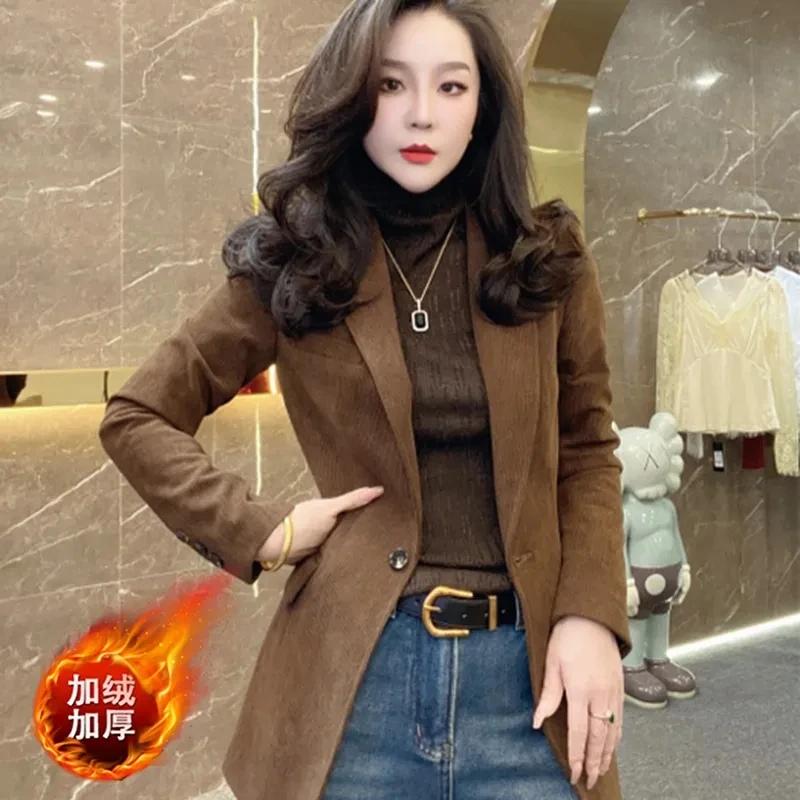 2024 Autumn Winter New Retro Brown Padded Blazer With Cotton High-quality Temperament One Button Long-sleeved Suit Jacket Woman