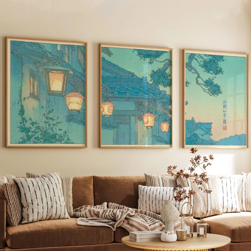 3pcs Retro Tokyo Nightscape Lantern Posters Blue Green Tinted Street Scenes, Frameless Canvas Prints for Home Living Room Decor