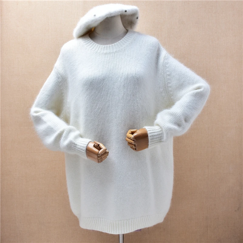 

Ladies Women Autumn Winter Clothing White Angora Rabbit Hair Knitted O-Neck Long Batwing Sleeves Loose Pullover Sweater Jumper