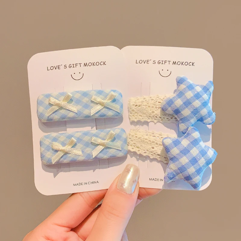 

2 Pcs/Set New Children Lace Check Bowknot Ornament Hair Clips Girls Star Shaped Flower Barrettes Hairpins Kids Hair Accessories