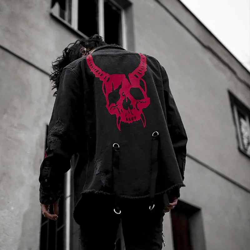 

Harajuku Gothic Demon Hunter Skull Black Denim Jacket Men Rock Punk Heavy Metal Sweatshirt Sudadera Suspenders Hole Streetwear