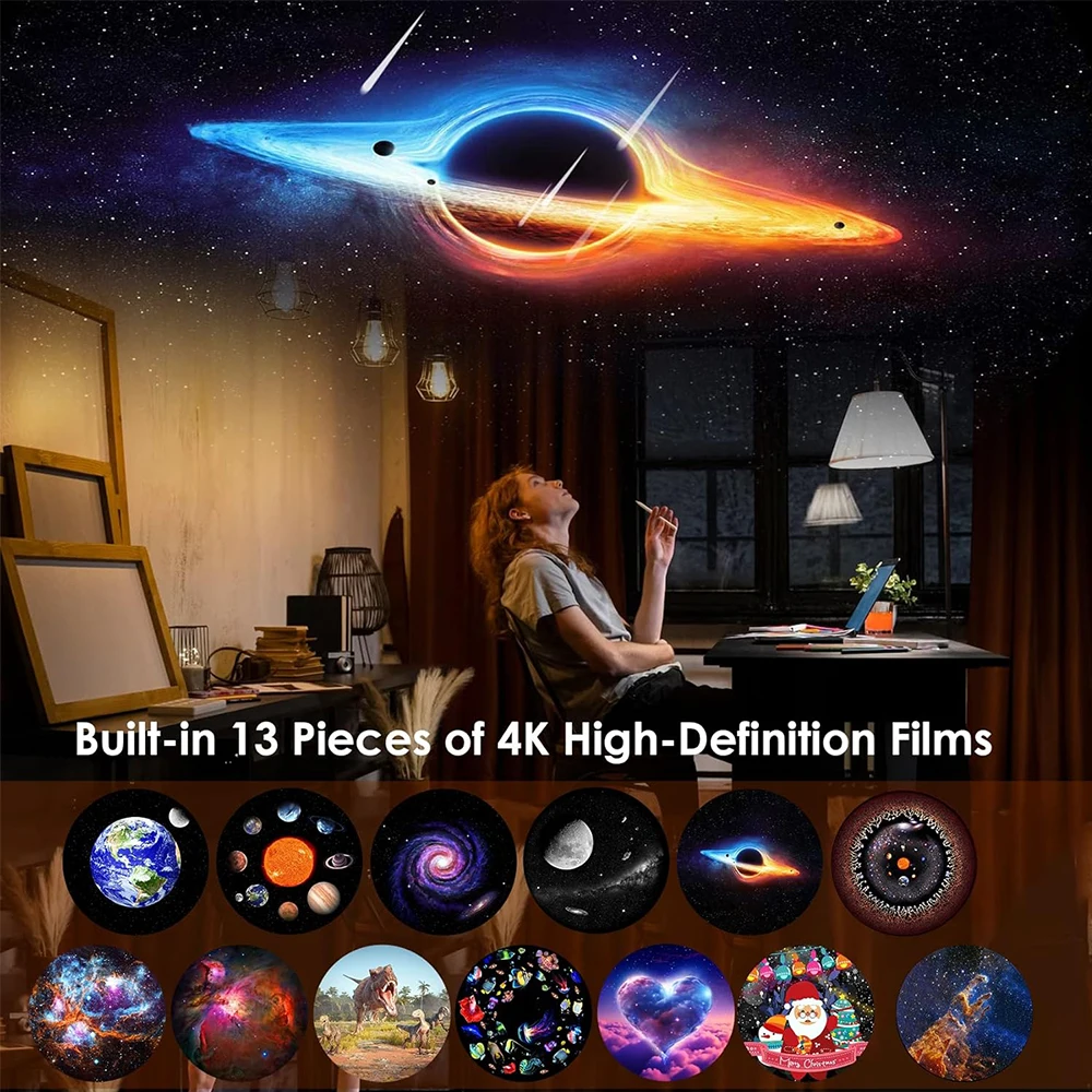 Galaxy Projector Night Light Planetarium Star Projection Lamp with 4K Replaceable 13 Galaxy Discs HD Image Large Projection Area