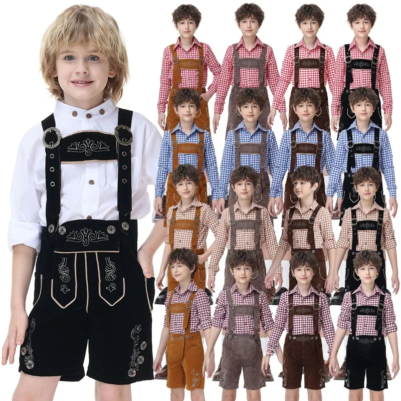 

Halloween Children's Oktoberfest Outfit Traditional Bavarian Plaid Shirt Overalls Set Boys' Clothing Ethnic Stage Costume