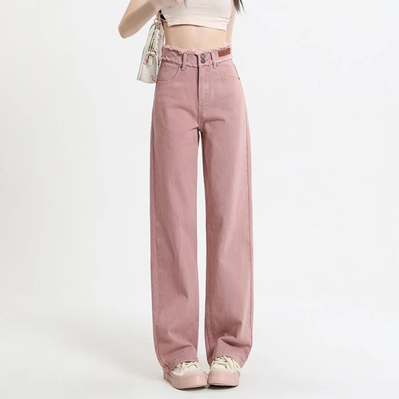 

Girls High Waist Wide Leg Jeans Lady High Street Denim Straight Leg Pants Female Retro Pink Trousers