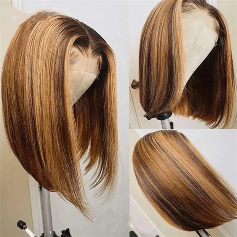 Perruque HD Lace Front Bob sans colle pour femme, Ombre, Honey Brown, Highlight, Short, Straight, Dark Roots, Blonde, 13x4, 03/Use