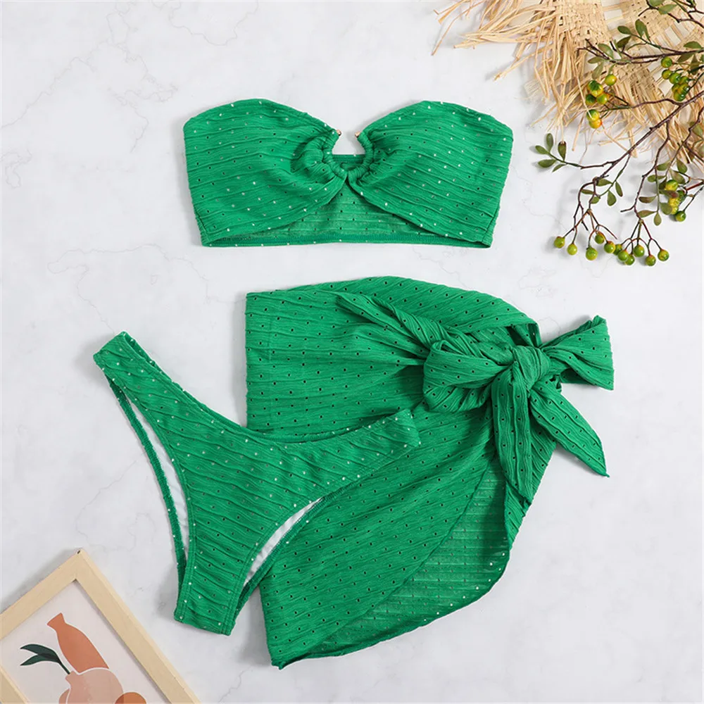 Green Texture Bandeau Bikinis Sets Swimwear Cover Up Sexy Swimsuit Women Metal Ring Bathing Suit Beach Wear Bikini 2025 Mujer