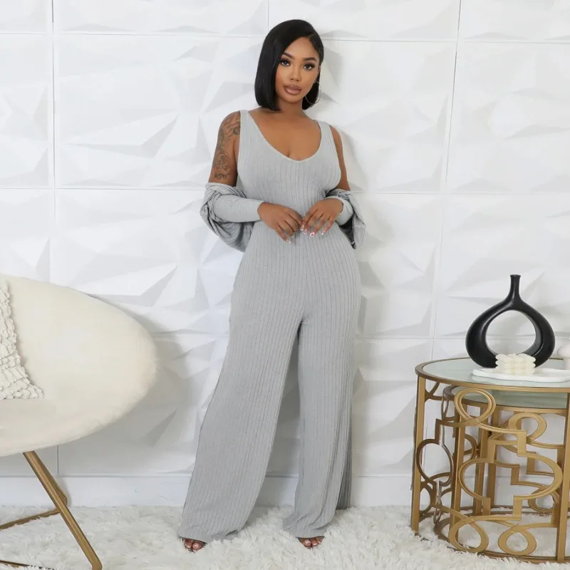 

Solid Sleeveless Ribbed Pocket Flare Women Jumpsuit with Long Sleeve Cover-up Casual Women Two Piece Set Outfits