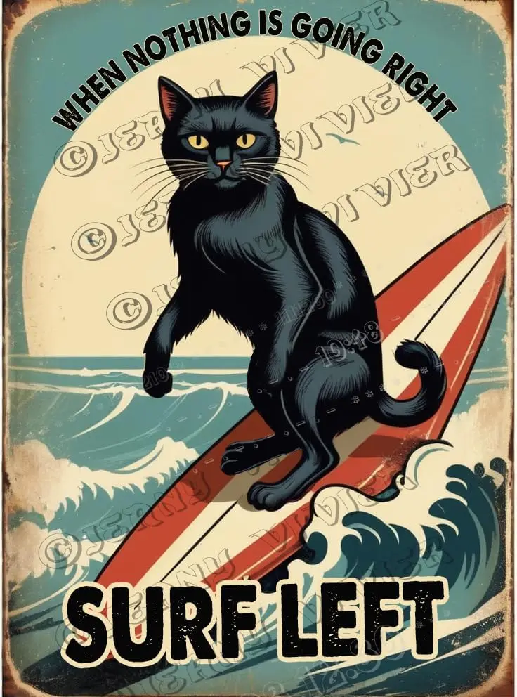 Black Cat When Nothing is Going Right Surf Left Retro Aluminum Sign 5.5;x8; Metal Tin Sign Cat Decor Funny Cat Bathroom Wall Dec
