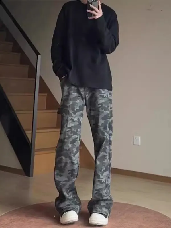 

Американские камуфляжные джинсы в стиле ретро, мужские весенне-осенние модные уличные лесозаготовочные брюки с микро расклешенным ножом, рабочая одежда