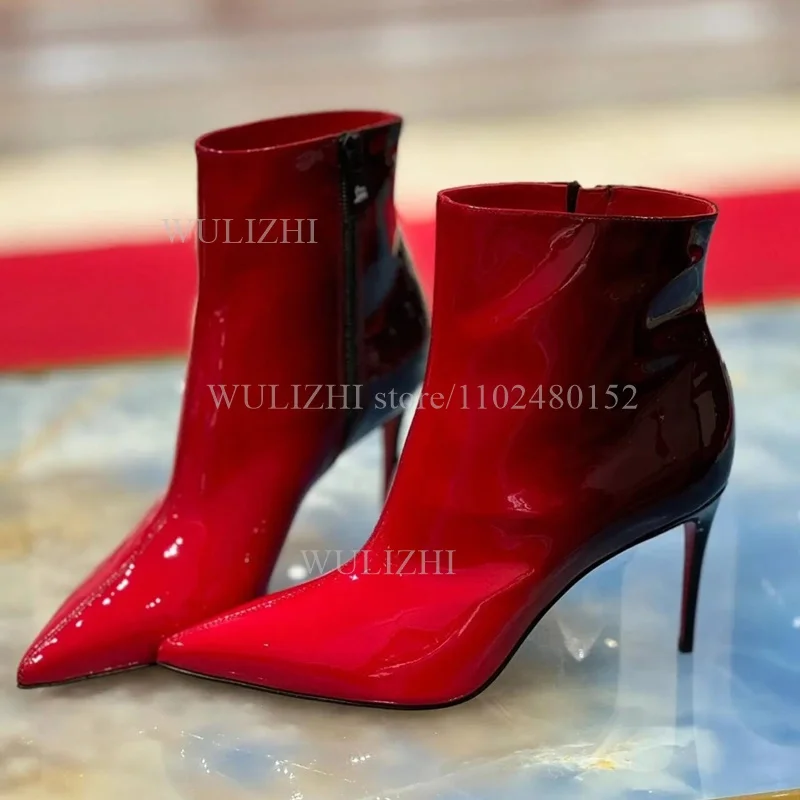 

Burgundy Black Gradient Graffiti Ankle Boots Women Stiletto Stiletto Patent Leather Shiny Zip Short Booties Pointed Black Shoes